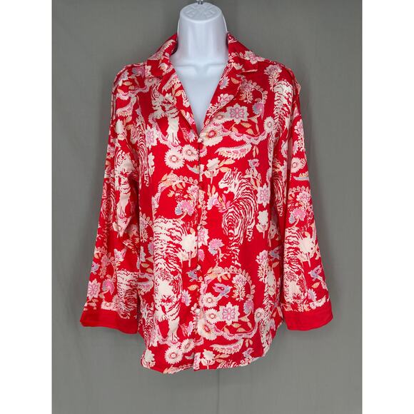 Floral Satin Shirt Womens Small Red Button Long Sleeve Tiger Pink Boho Bohemian - Picture 1 of 7